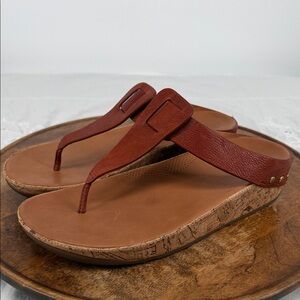 Fitflop Sandals Wm 10 Brown Leather T Strap Flip Flop Cork Wedge Comfort Thong